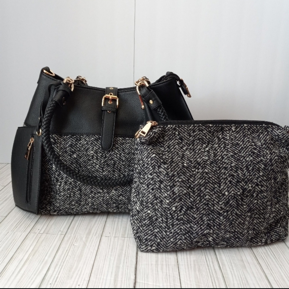 NEW Black Rivet Faux Leather Tweed Purse Set